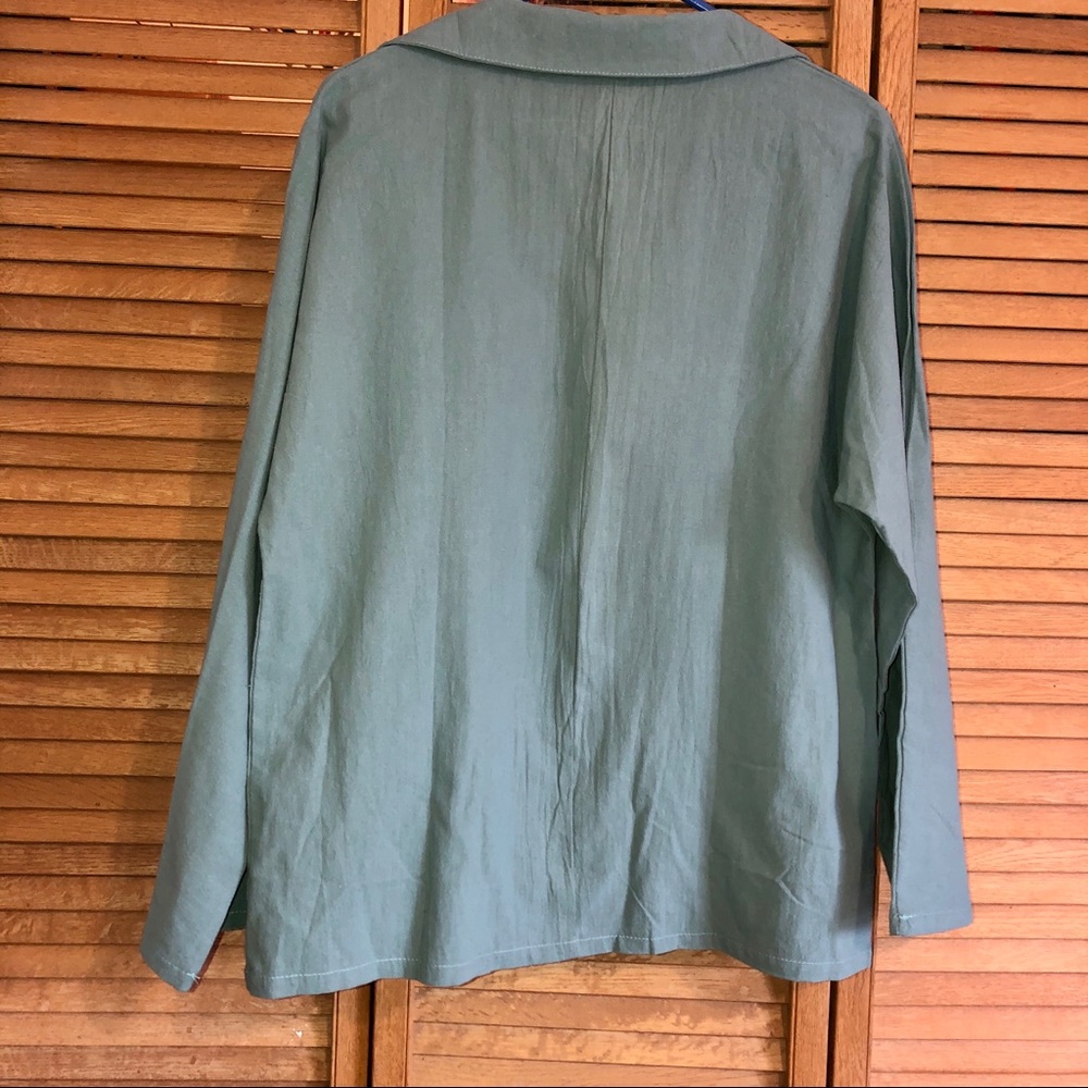 Spring Solid Long Sleeve V Neck Blouse Green Xxl - image 4